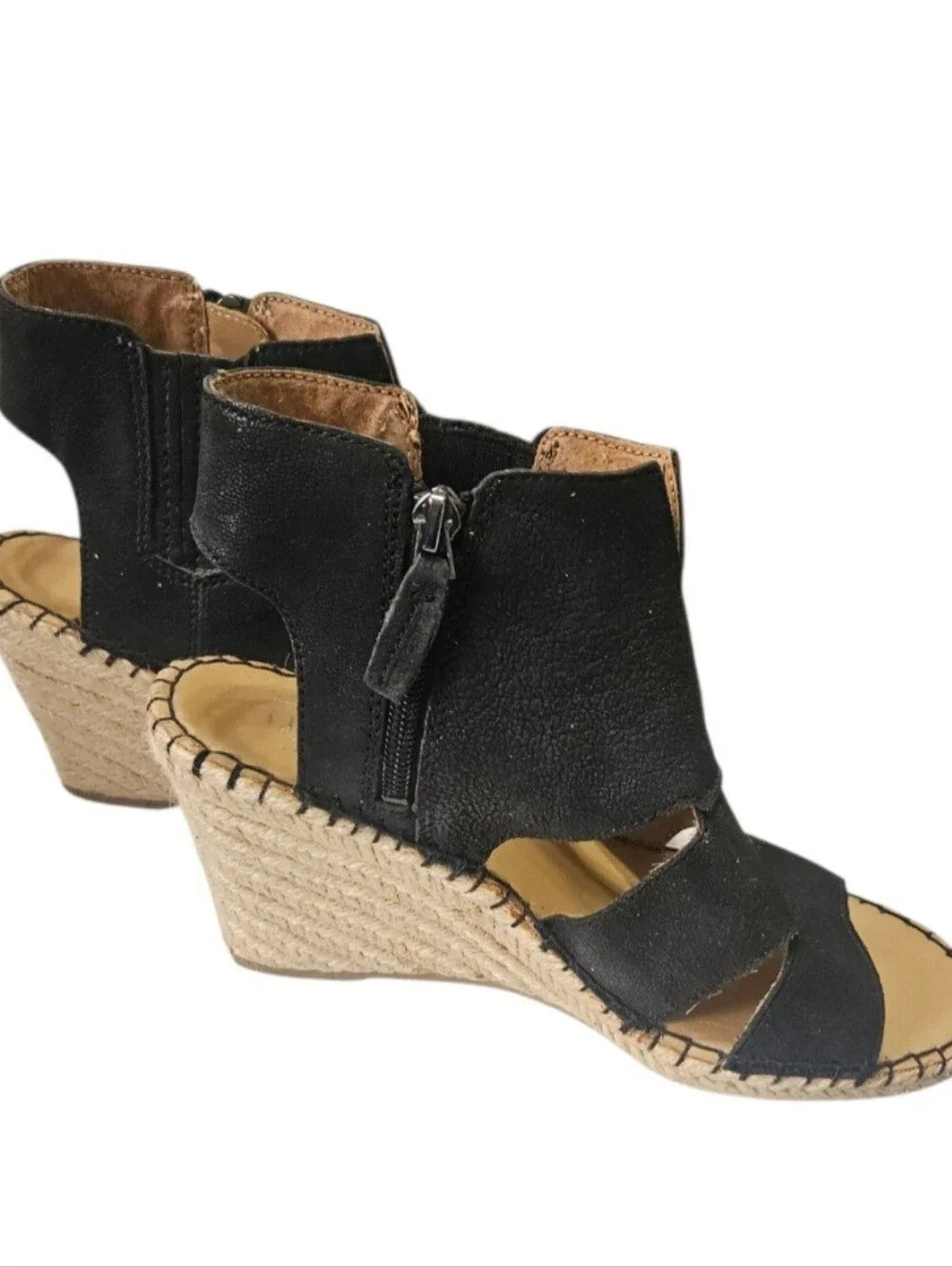 Franco Sarto 9M Black Suede Leather Nola Cut Out Espadrille Wedge Sandal